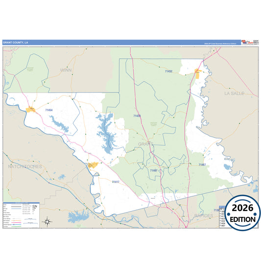 Grant County, LA Business Reference 5 Digit ZIP Code Wall Map