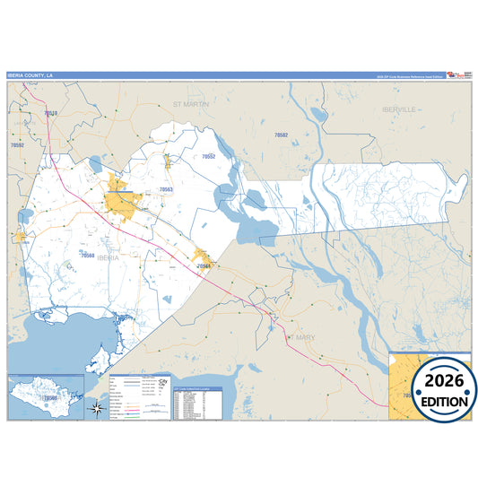 Iberia County, LA Business Reference 5 Digit ZIP Code Wall Map