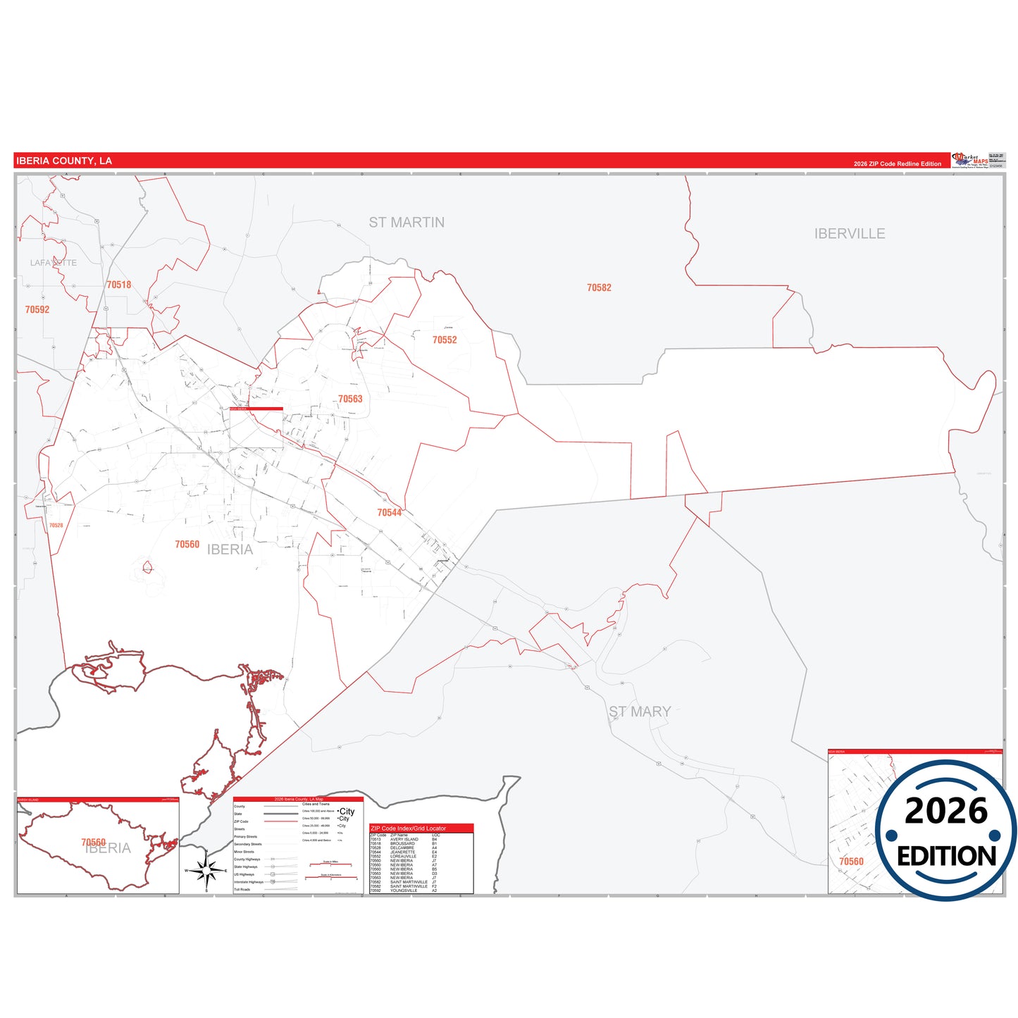 Iberia County, LA Red Line 5 Digit ZIP Code Wall Map