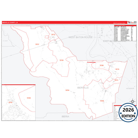 Iberville County, LA Red Line 5 Digit ZIP Code Wall Map