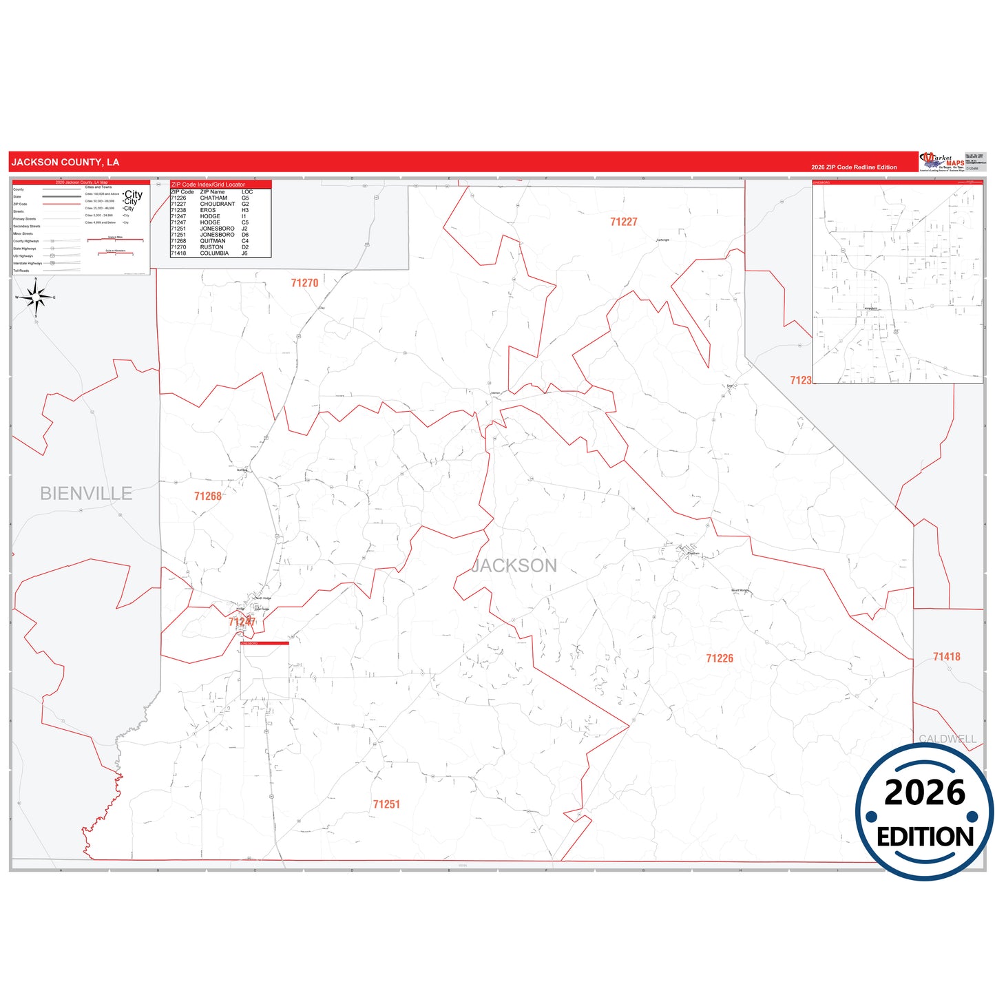 Jackson County, LA Red Line 5 Digit ZIP Code Wall Map