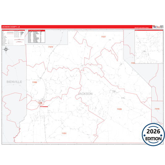 Jackson County, LA Red Line 5 Digit ZIP Code Wall Map