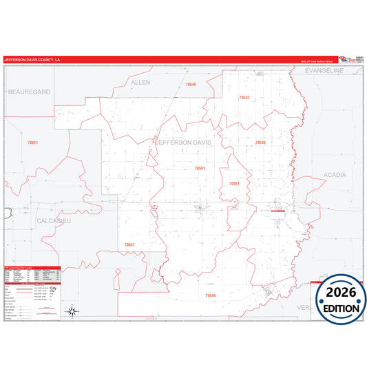 Jefferson Davis County, LA Red Line 5 Digit ZIP Code Wall Map
