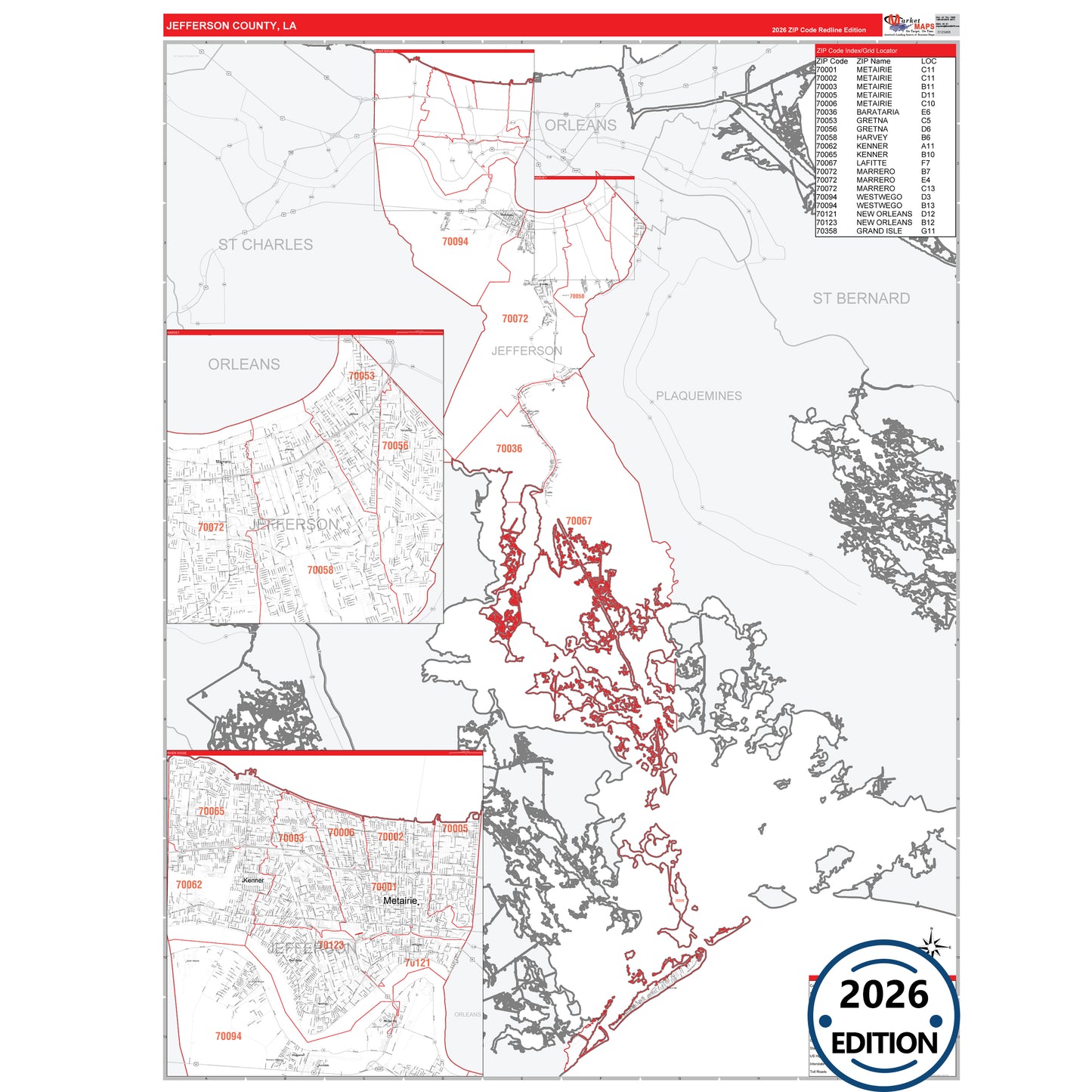 Jefferson County, LA Red Line 5 Digit ZIP Code Wall Map