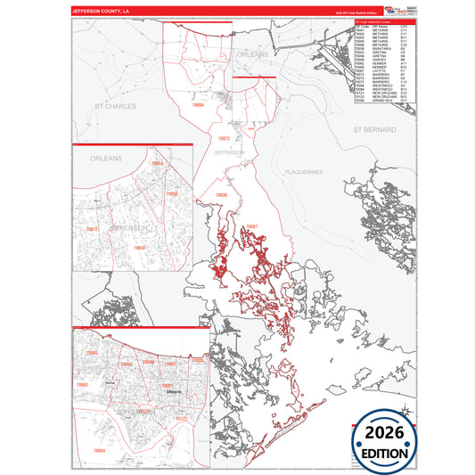 Jefferson County, LA Red Line 5 Digit ZIP Code Wall Map