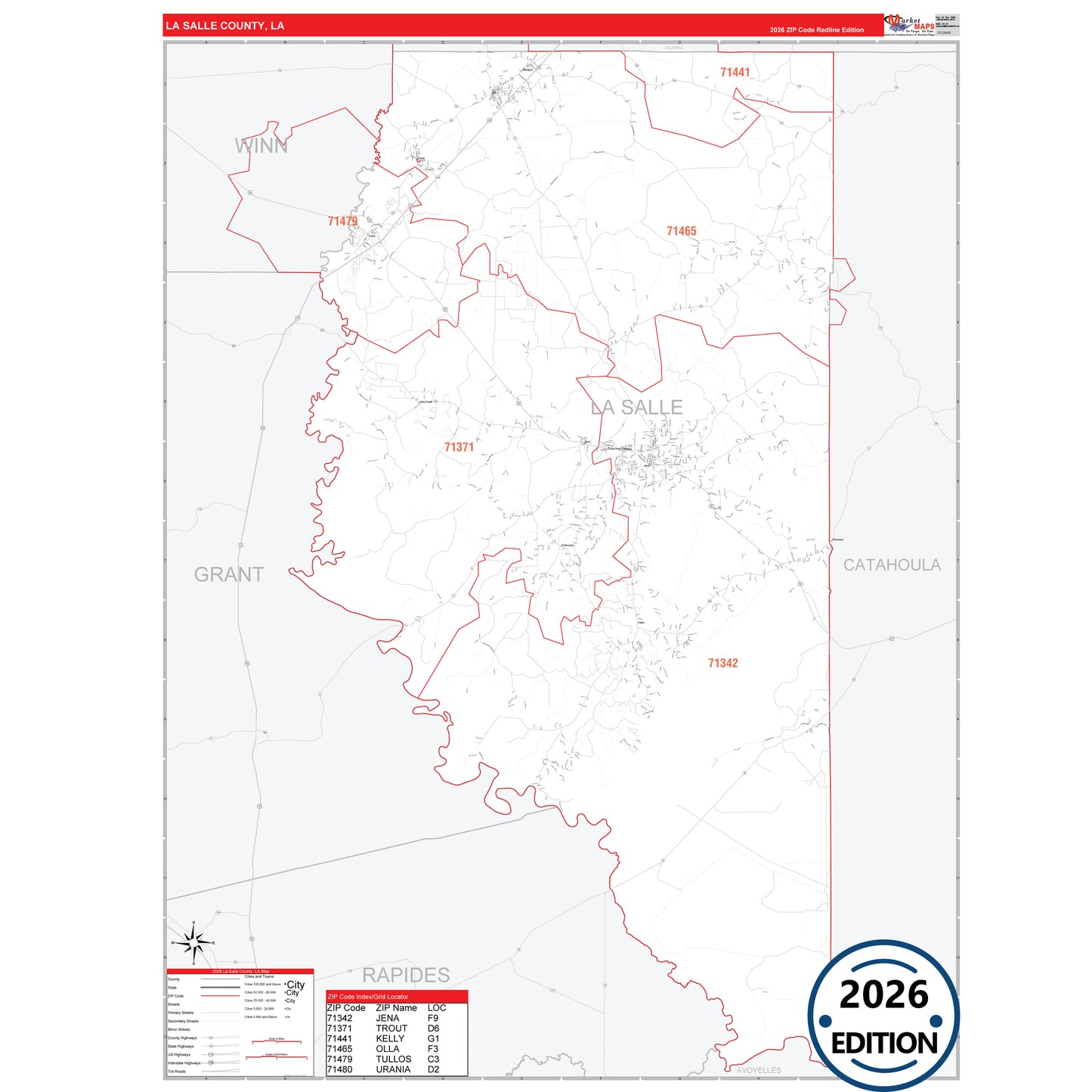 Lafayette County, LA Red Line 5 Digit ZIP Code Wall Map