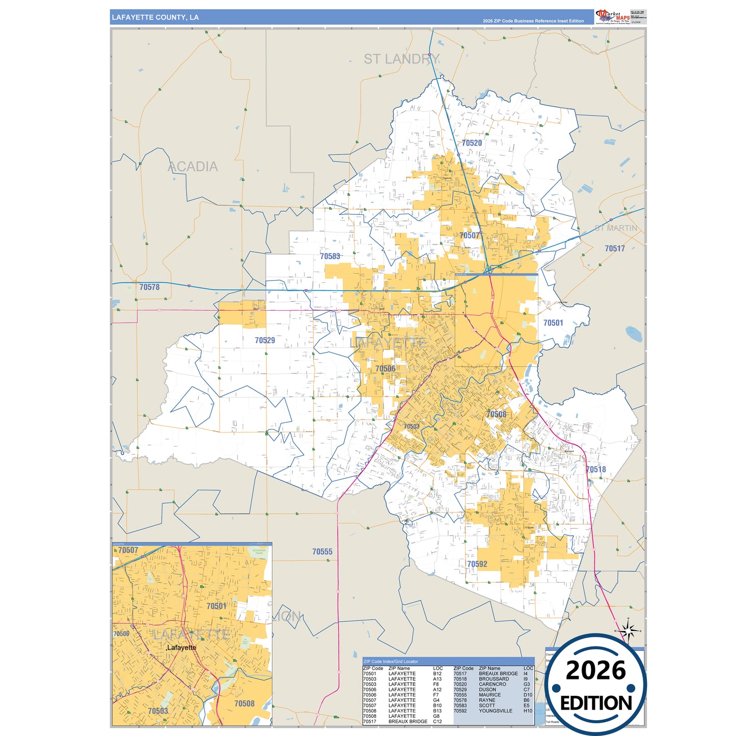 La Salle County, LA Business Reference 5 Digit ZIP Code Wall Map
