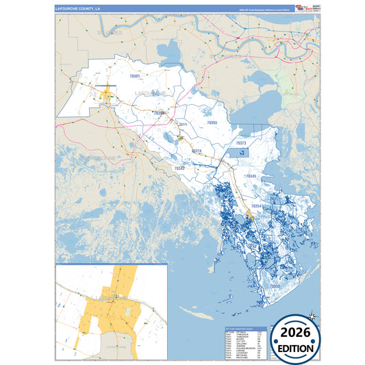 Lafourche County, LA Business Reference 5 Digit ZIP Code Wall Map