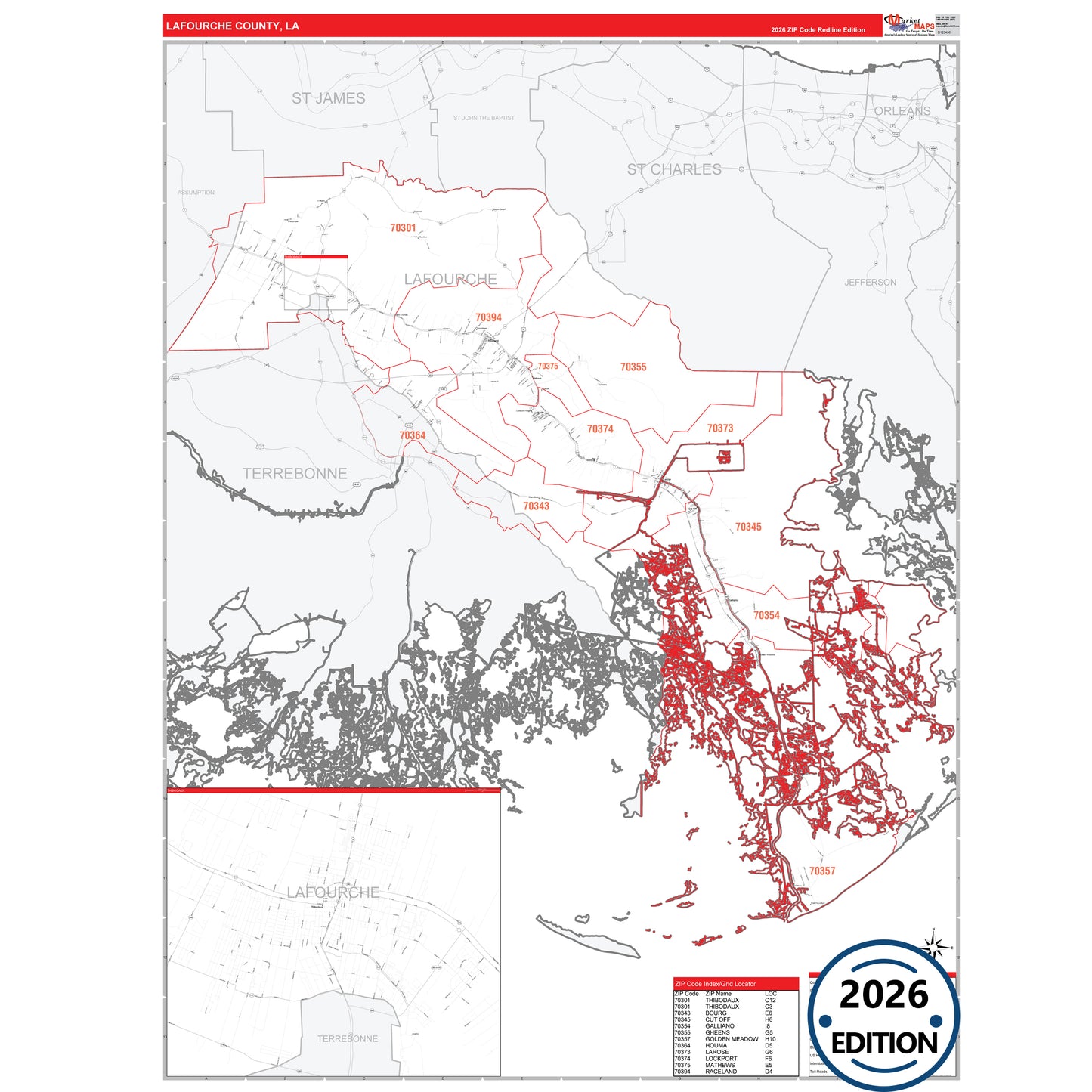 Lafourche County, LA Red Line 5 Digit ZIP Code Wall Map