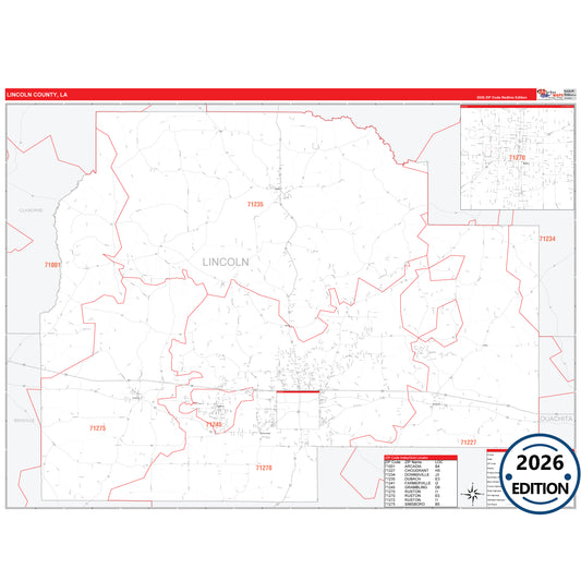 Lincoln County, LA Red Line 5 Digit ZIP Code Wall Map