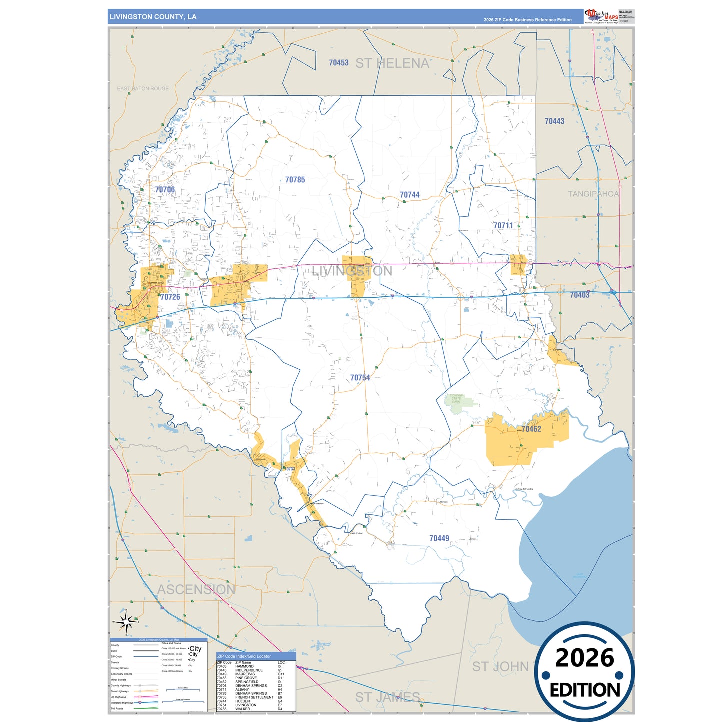 Livingston County, LA Business Reference 5 Digit ZIP Code Wall Map
