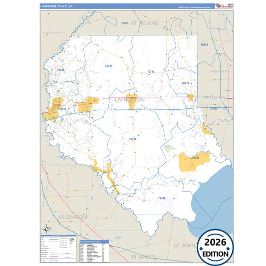 Livingston County, LA Business Reference 5 Digit ZIP Code Wall Map