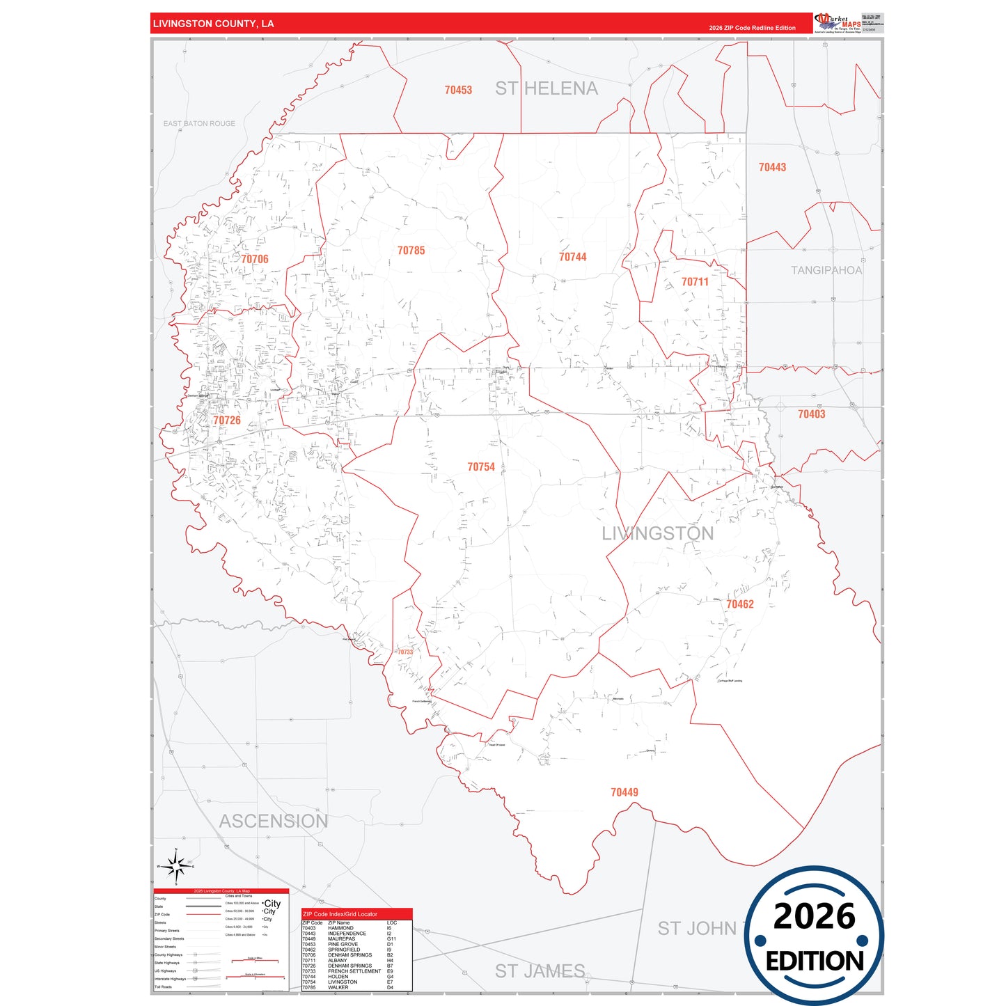 Livingston County, LA Red Line 5 Digit ZIP Code Wall Map