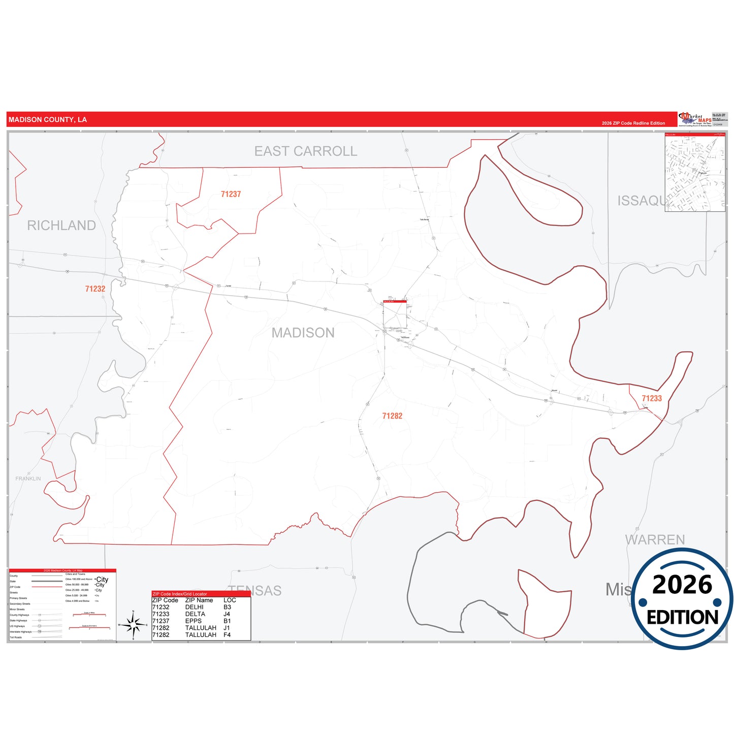 Madison County, LA Red Line 5 Digit ZIP Code Wall Map