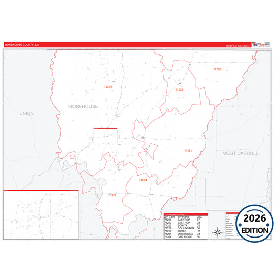 Morehouse County, LA Red Line 5 Digit ZIP Code Wall Map