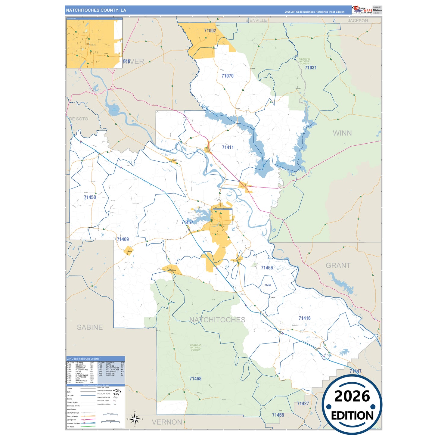 Natchitoches County, LA Business Reference 5 Digit ZIP Code Wall Map