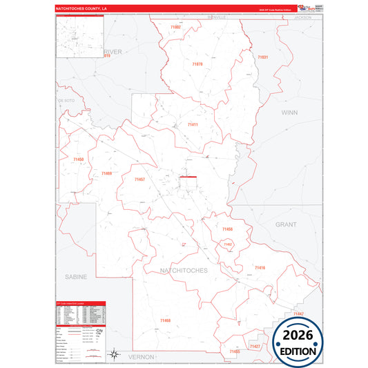 Natchitoches County, LA Red Line 5 Digit ZIP Code Wall Map