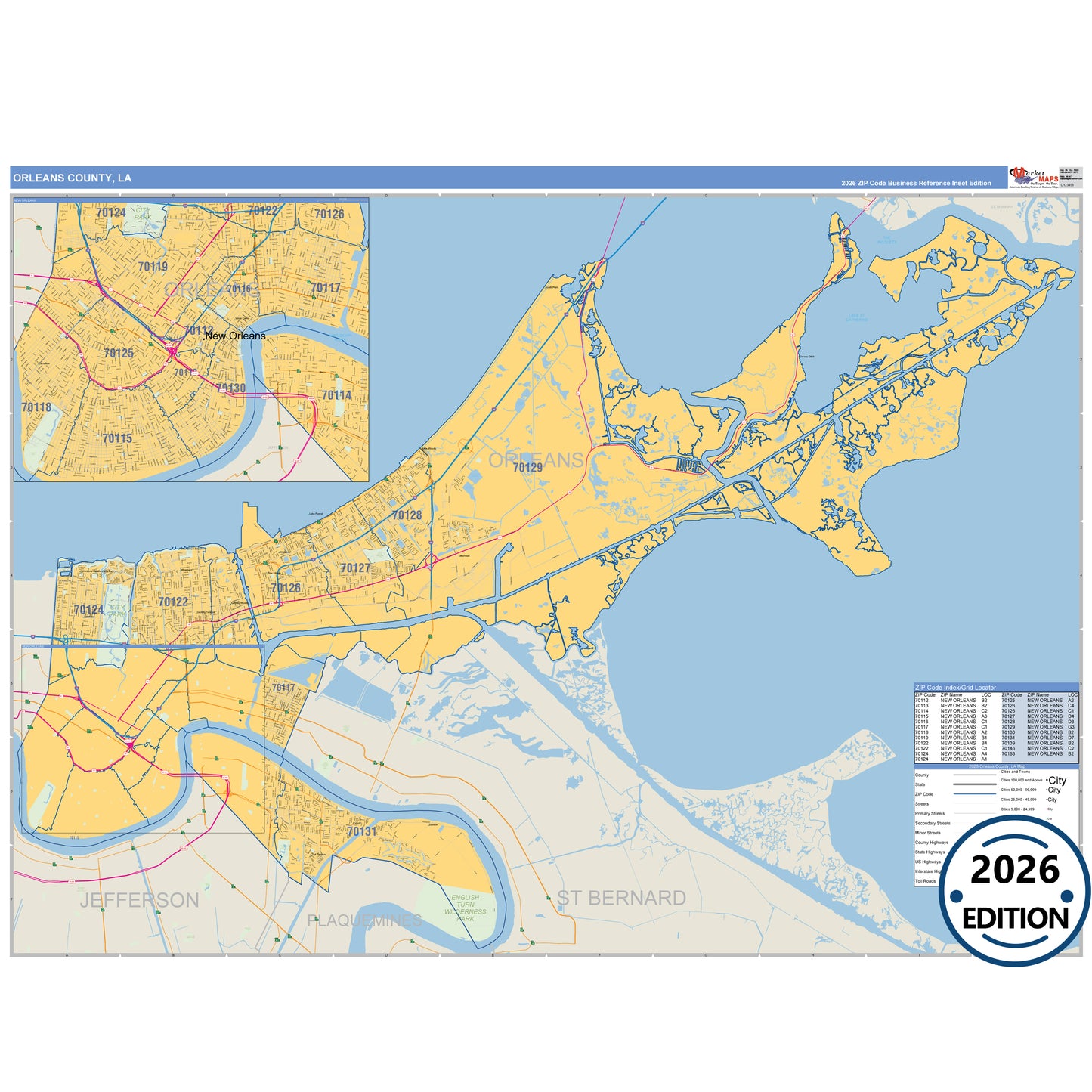 Orleans County, LA Business Reference 5 Digit ZIP Code Wall Map
