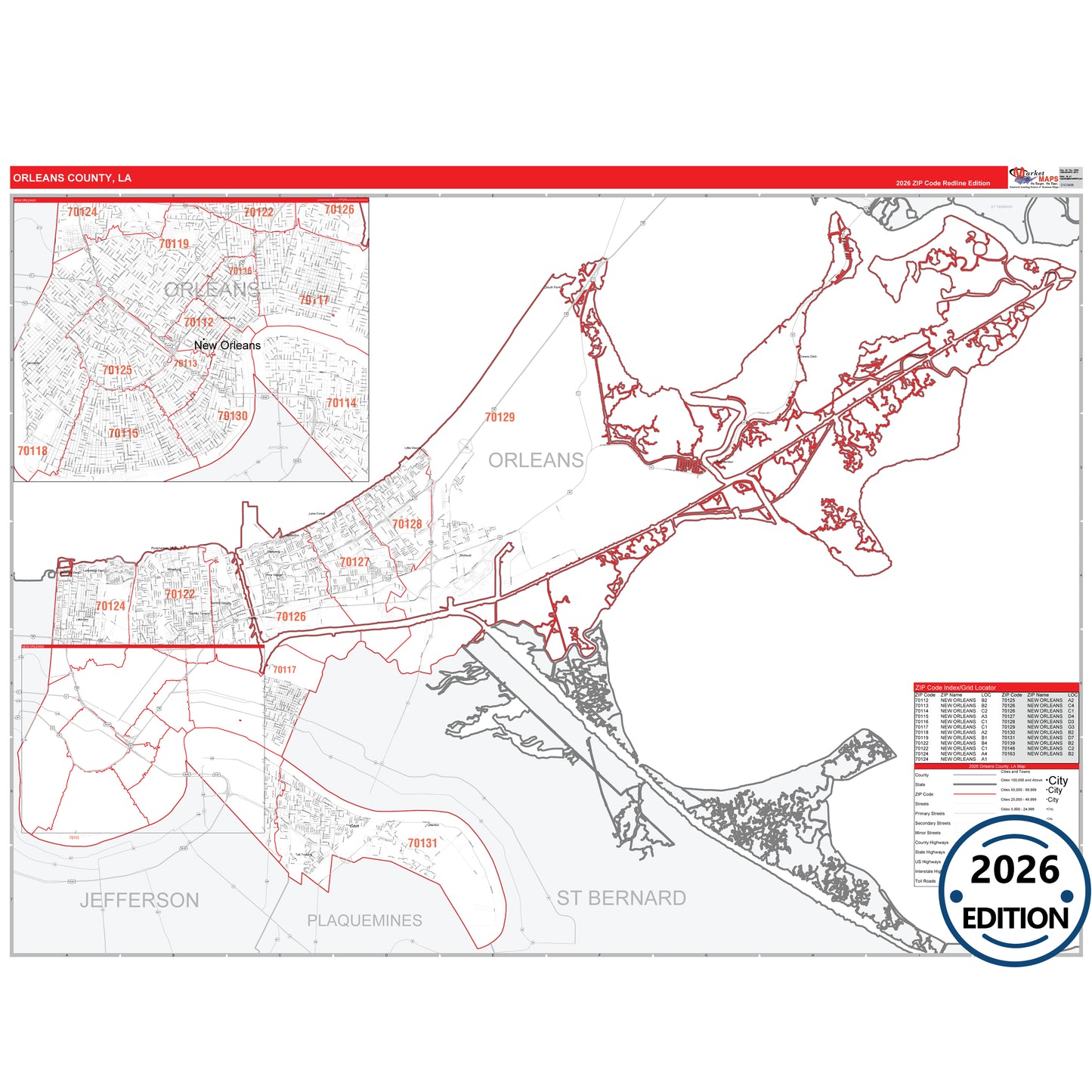 Orleans County, LA Red Line 5 Digit ZIP Code Wall Map