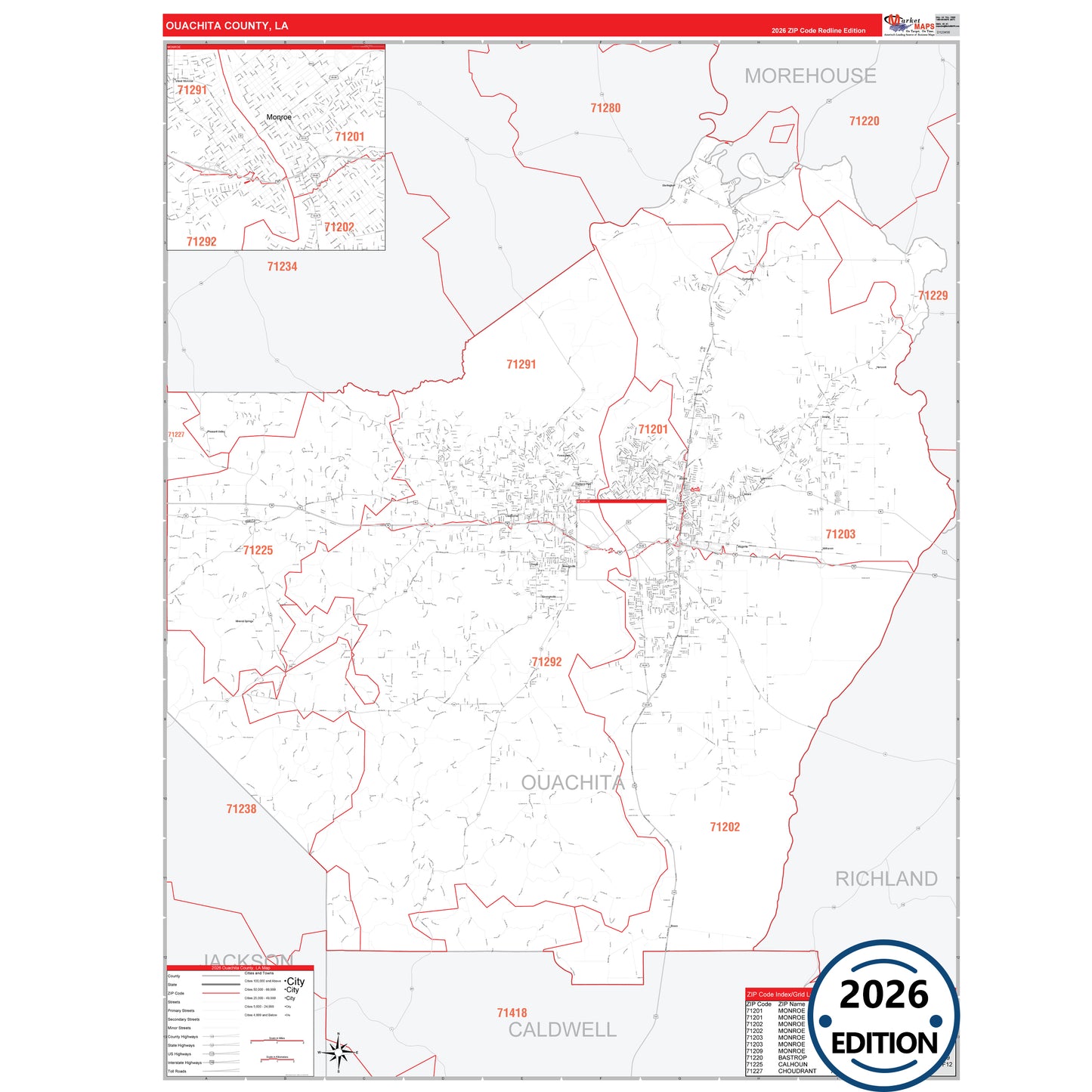 Ouachita County, LA Red Line 5 Digit ZIP Code Wall Map