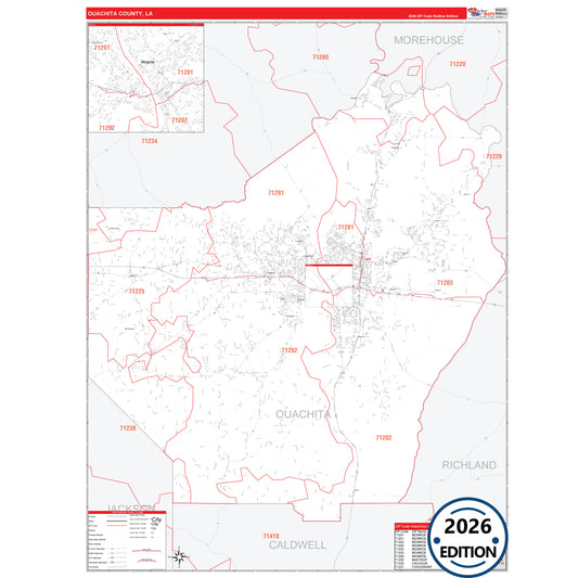 Ouachita County, LA Red Line 5 Digit ZIP Code Wall Map