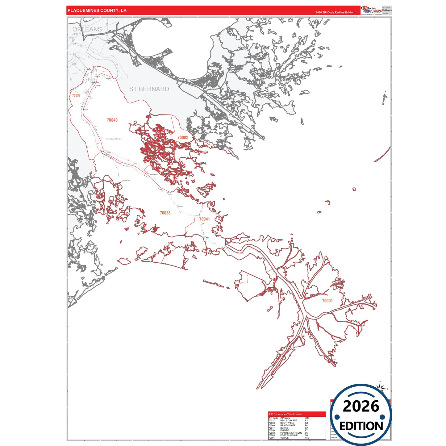 Plaquemines County, LA Red Line 5 Digit ZIP Code Wall Map