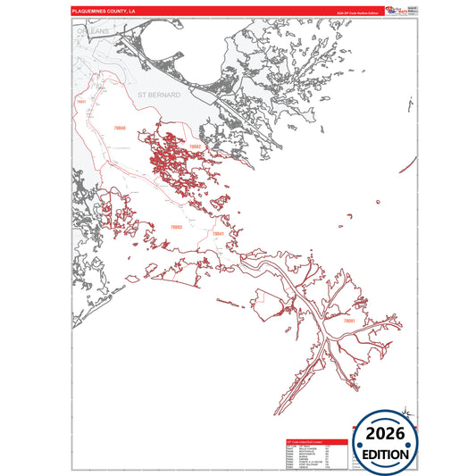 Plaquemines County, LA Red Line 5 Digit ZIP Code Wall Map