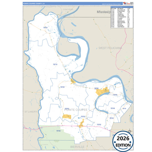 Pointe Coupee County, LA Business Reference 5 Digit ZIP Code Wall Map