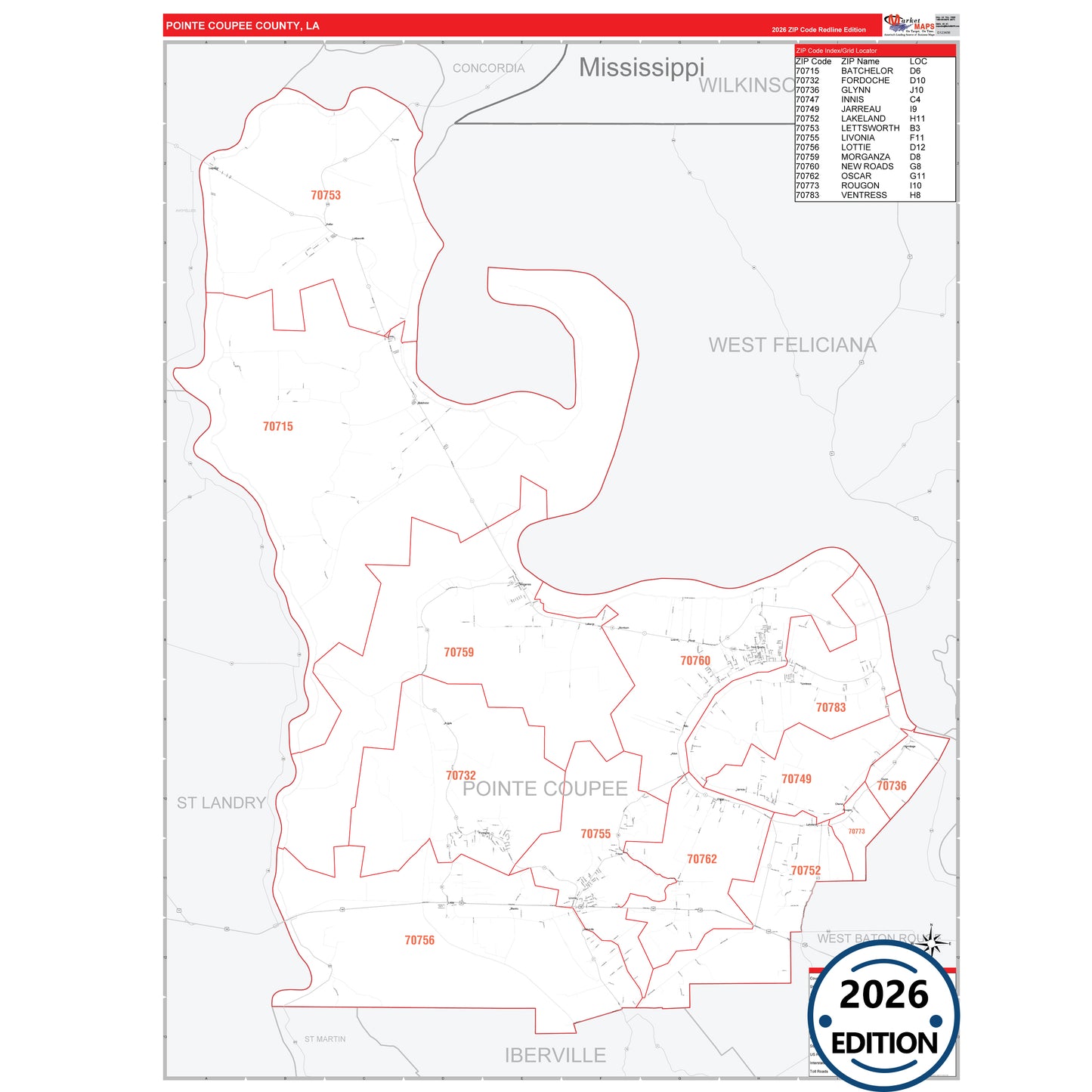 Pointe Coupee County, LA Red Line 5 Digit ZIP Code Wall Map