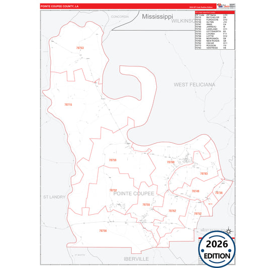 Pointe Coupee County, LA Red Line 5 Digit ZIP Code Wall Map