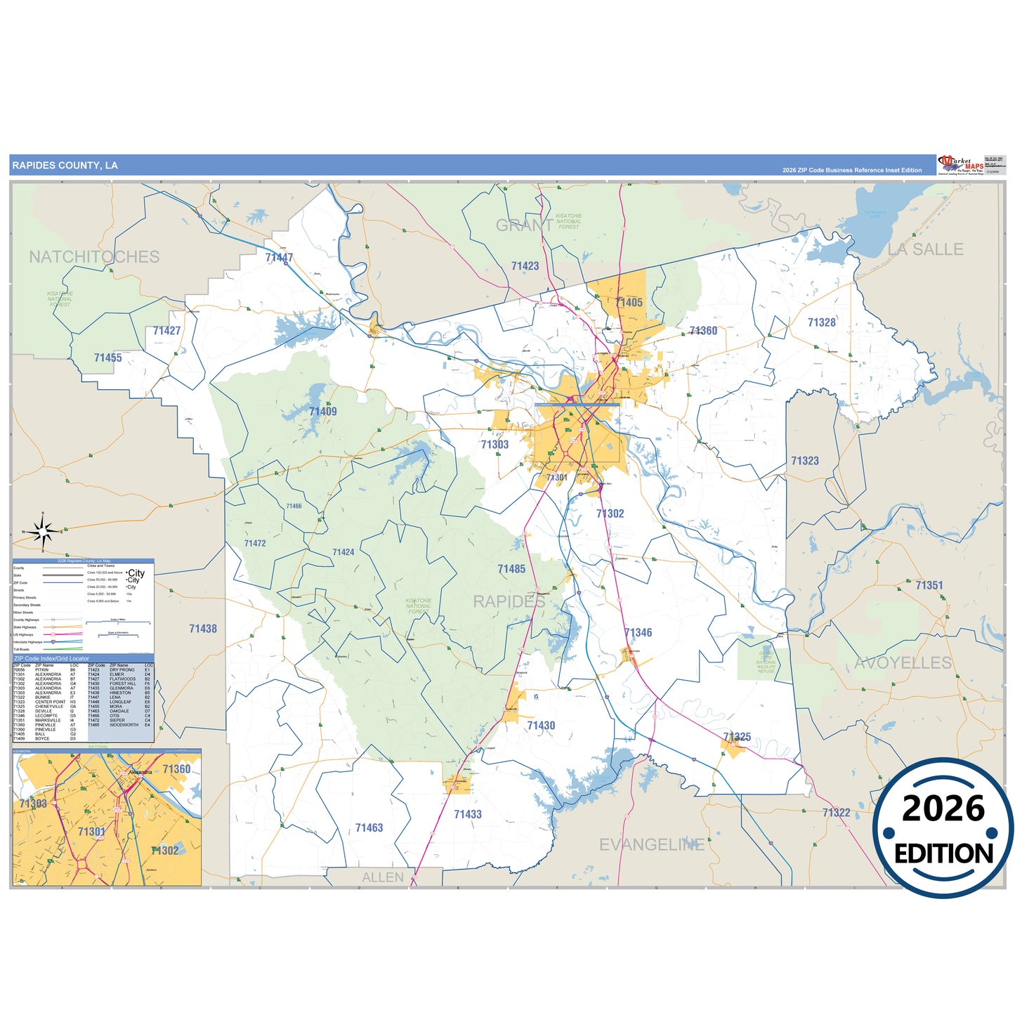 Rapides County, LA Business Reference 5 Digit ZIP Code Wall Map