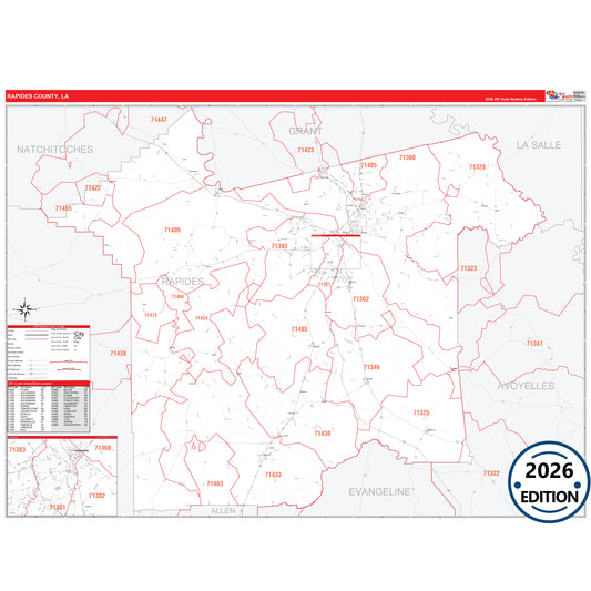 Rapides County, LA Red Line 5 Digit ZIP Code Wall Map