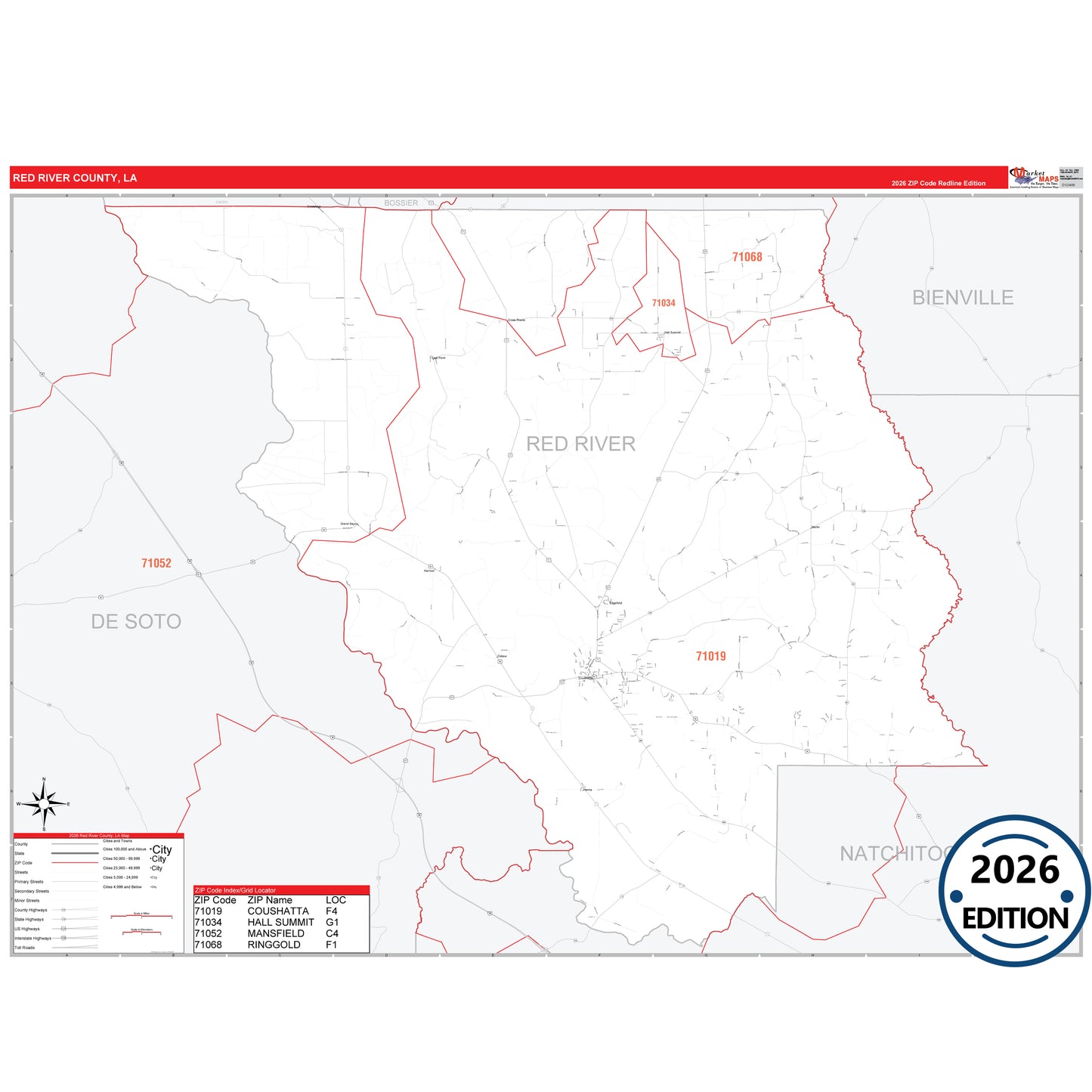 Red River County, LA Red Line 5 Digit ZIP Code Wall Map