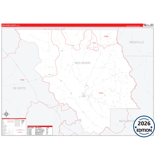 Red River County, LA Red Line 5 Digit ZIP Code Wall Map