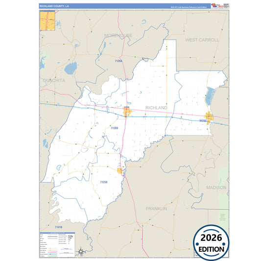 Richland County, LA Business Reference 5 Digit ZIP Code Wall Map
