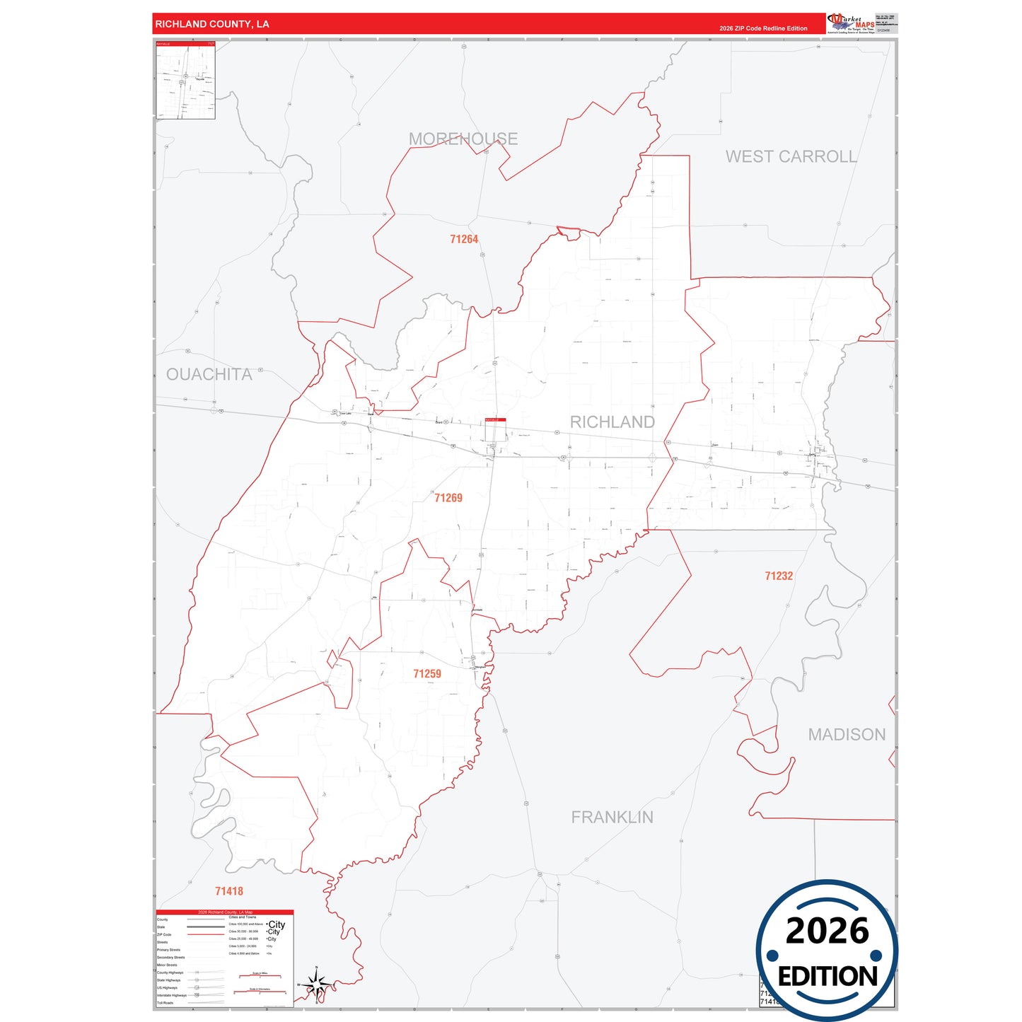 Richland County, LA Red Line 5 Digit ZIP Code Wall Map