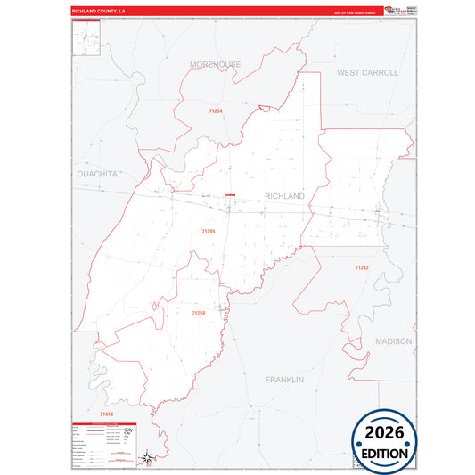 Richland County, LA Red Line 5 Digit ZIP Code Wall Map