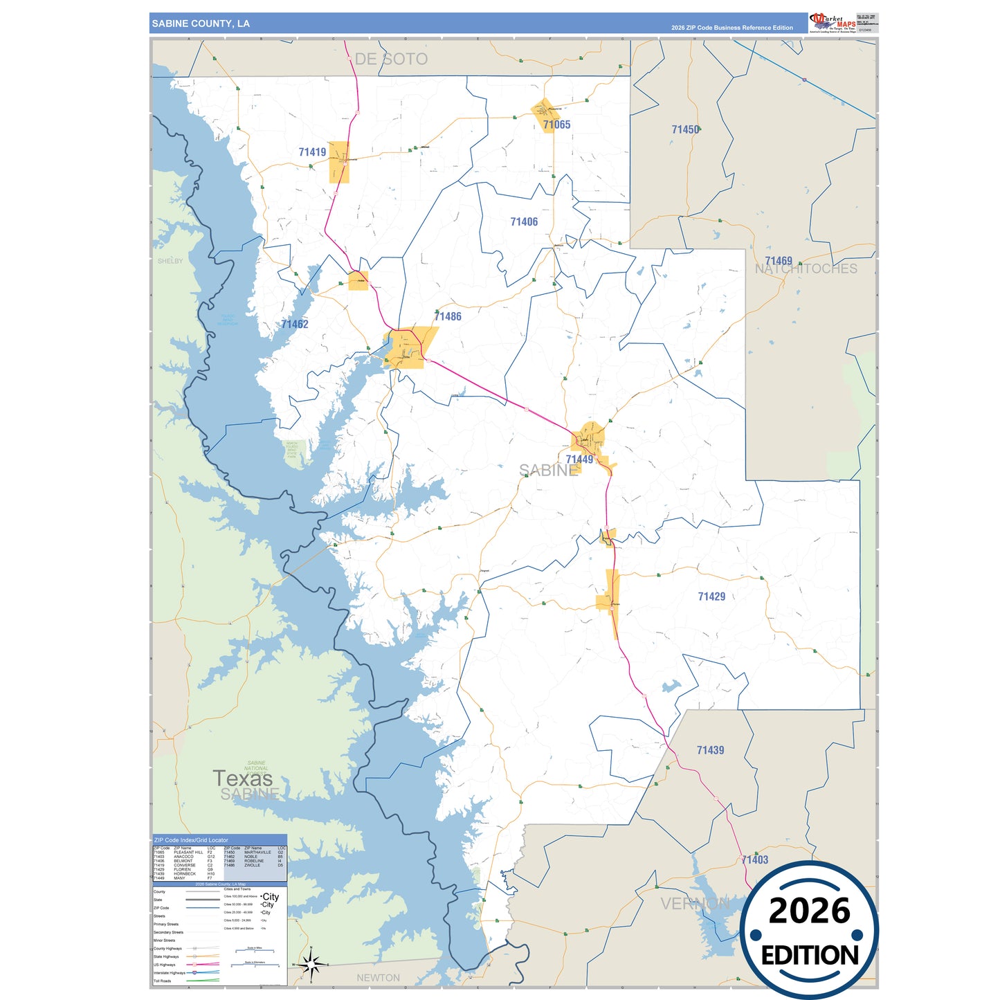 Sabine County, LA Business Reference 5 Digit ZIP Code Wall Map