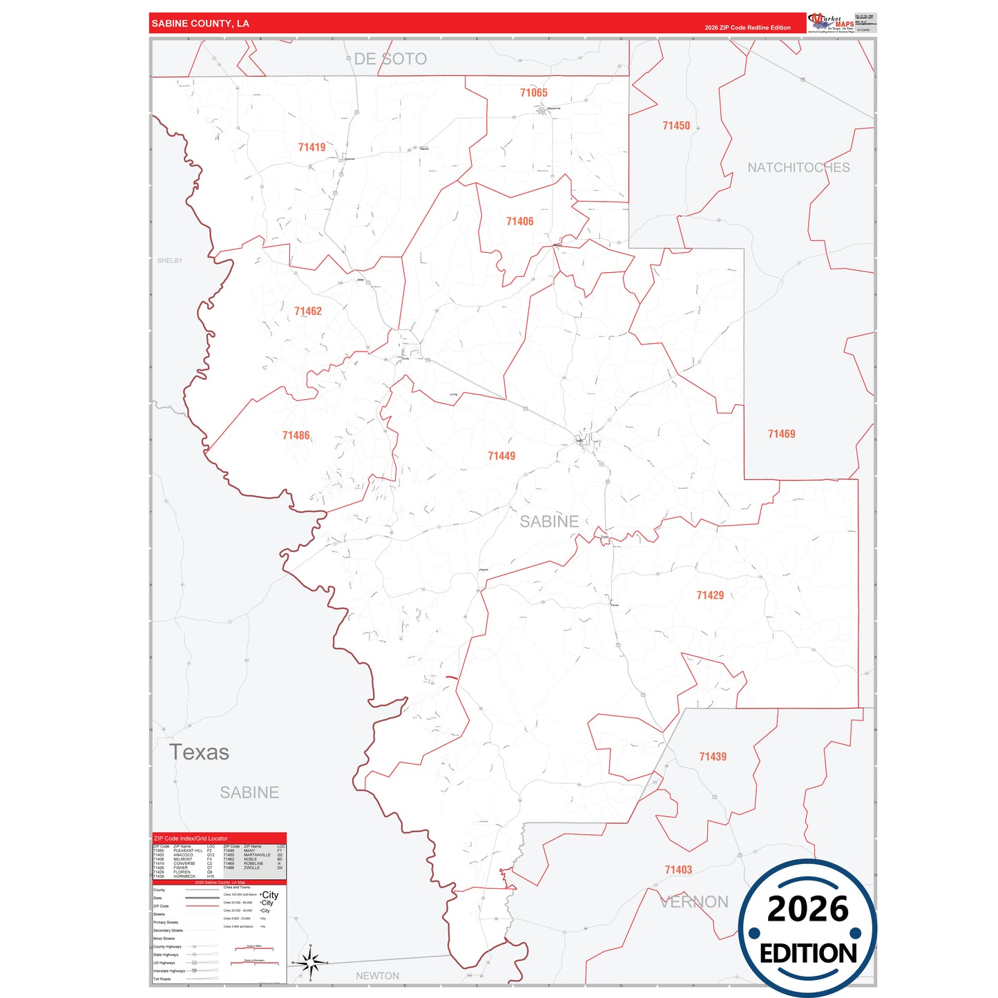 Sabine County, LA Red Line 5 Digit ZIP Code Wall Map