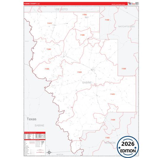 Sabine County, LA Red Line 5 Digit ZIP Code Wall Map