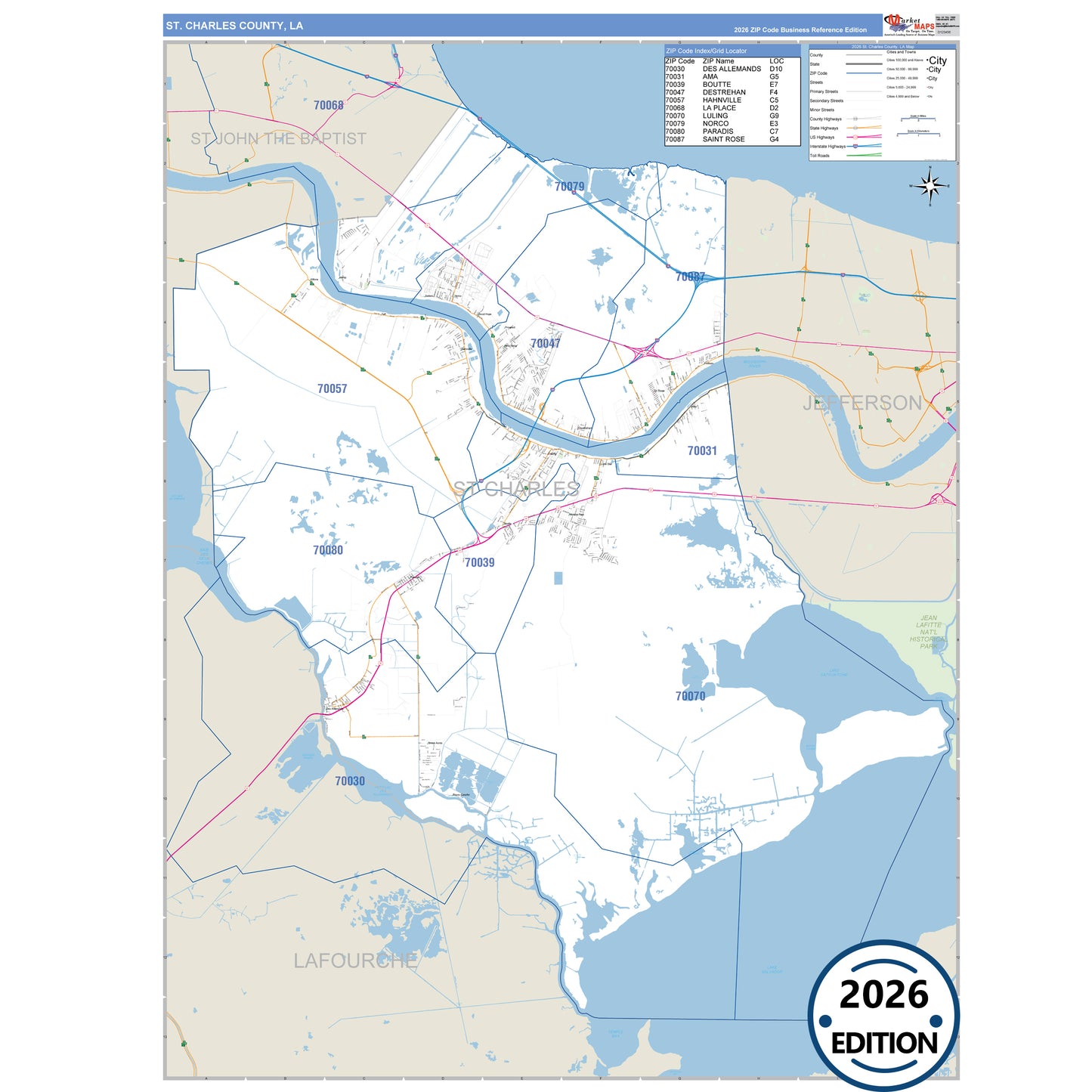 St. Charles County, LA Business Reference 5 Digit ZIP Code Wall Map