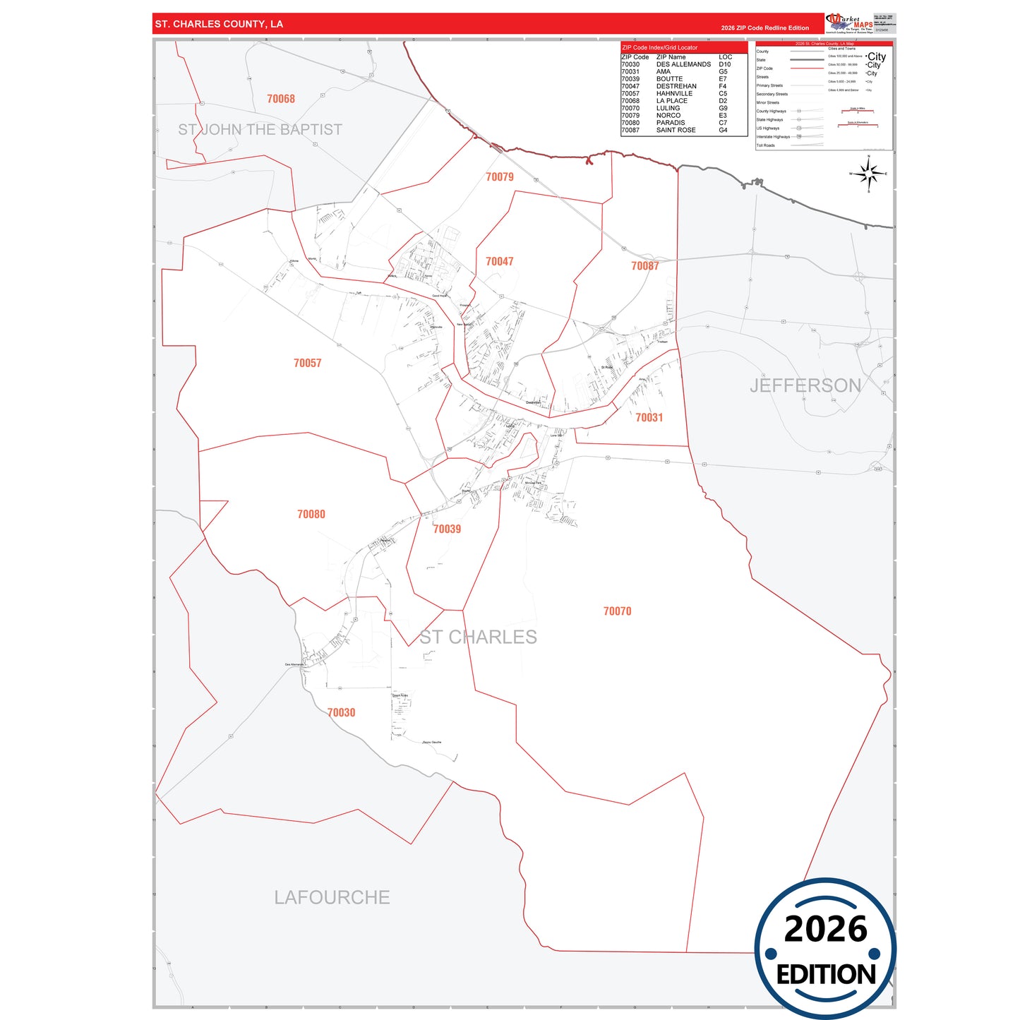 St. Charles County, LA Red Line 5 Digit ZIP Code Wall Map