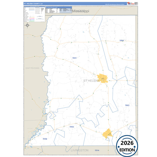 St. Helena County, LA Business Reference 5 Digit ZIP Code Wall Map