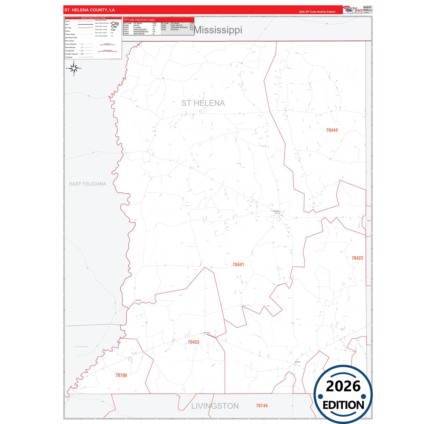 St. Helena County, LA Red Line 5 Digit ZIP Code Wall Map