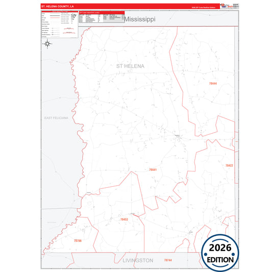 St. Helena County, LA Red Line 5 Digit ZIP Code Wall Map