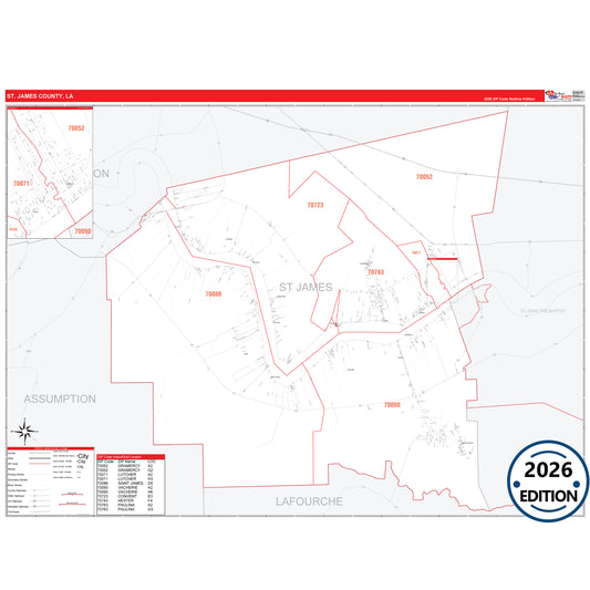 St. James County, LA Red Line 5 Digit ZIP Code Wall Map