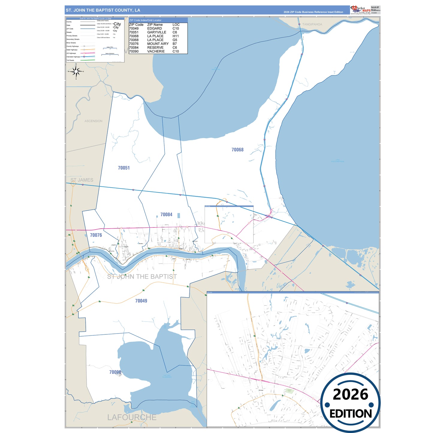St. John the Baptist County, LA Business Reference 5 Digit ZIP Code Wall Map