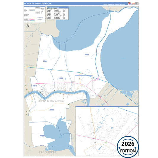 St. John the Baptist County, LA Business Reference 5 Digit ZIP Code Wall Map