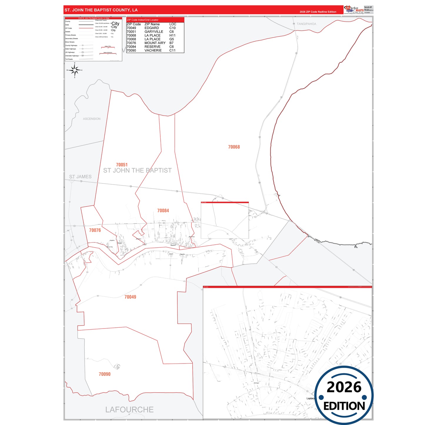 St. John the Baptist County, LA Red Line 5 Digit ZIP Code Wall Map