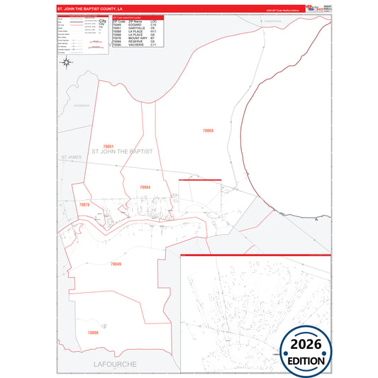 St. John the Baptist County, LA Red Line 5 Digit ZIP Code Wall Map